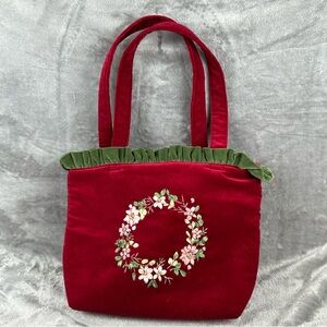 Elegant Red Velvet Tote Bag with Floral Embroidery